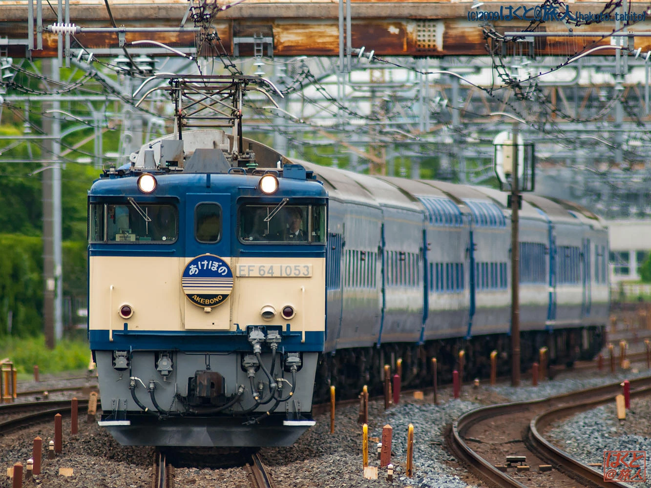 Front view of a blue and cream electric locomotive (EF64 1053) pulling a long blue passenger train along curved tracks under overhead wires (Japan).
