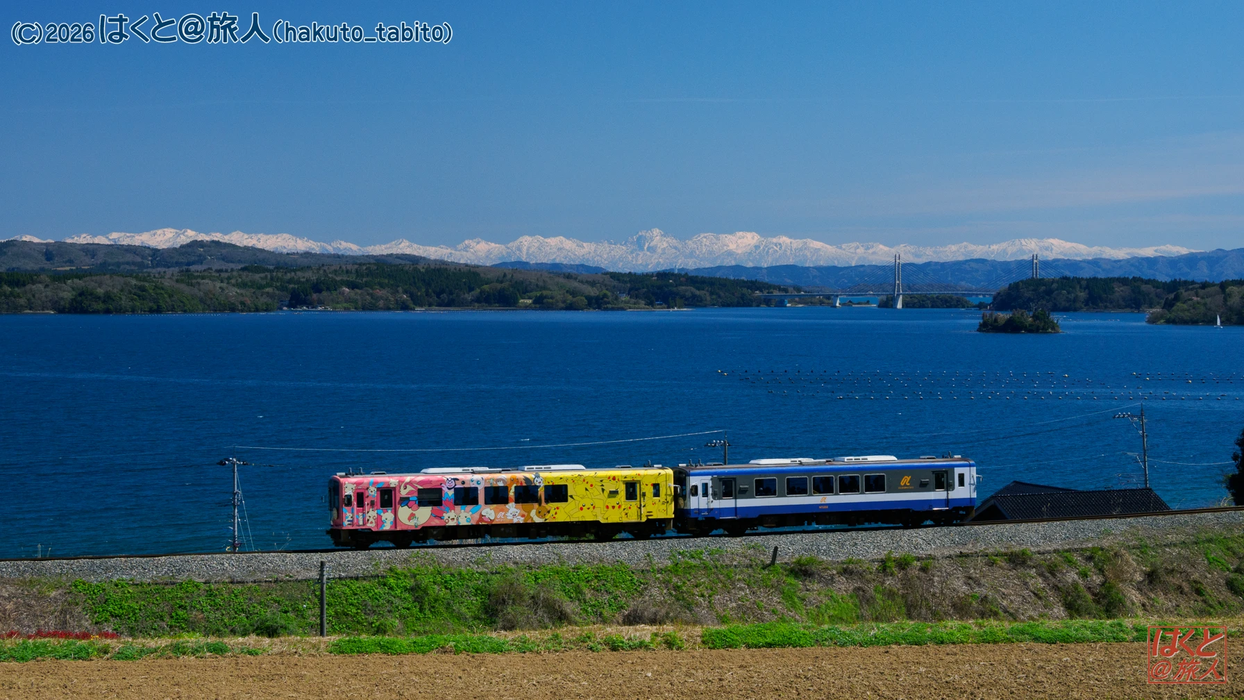 Colorful passenger train traveling along a lakefront track with snow-capped mountains in the distance.